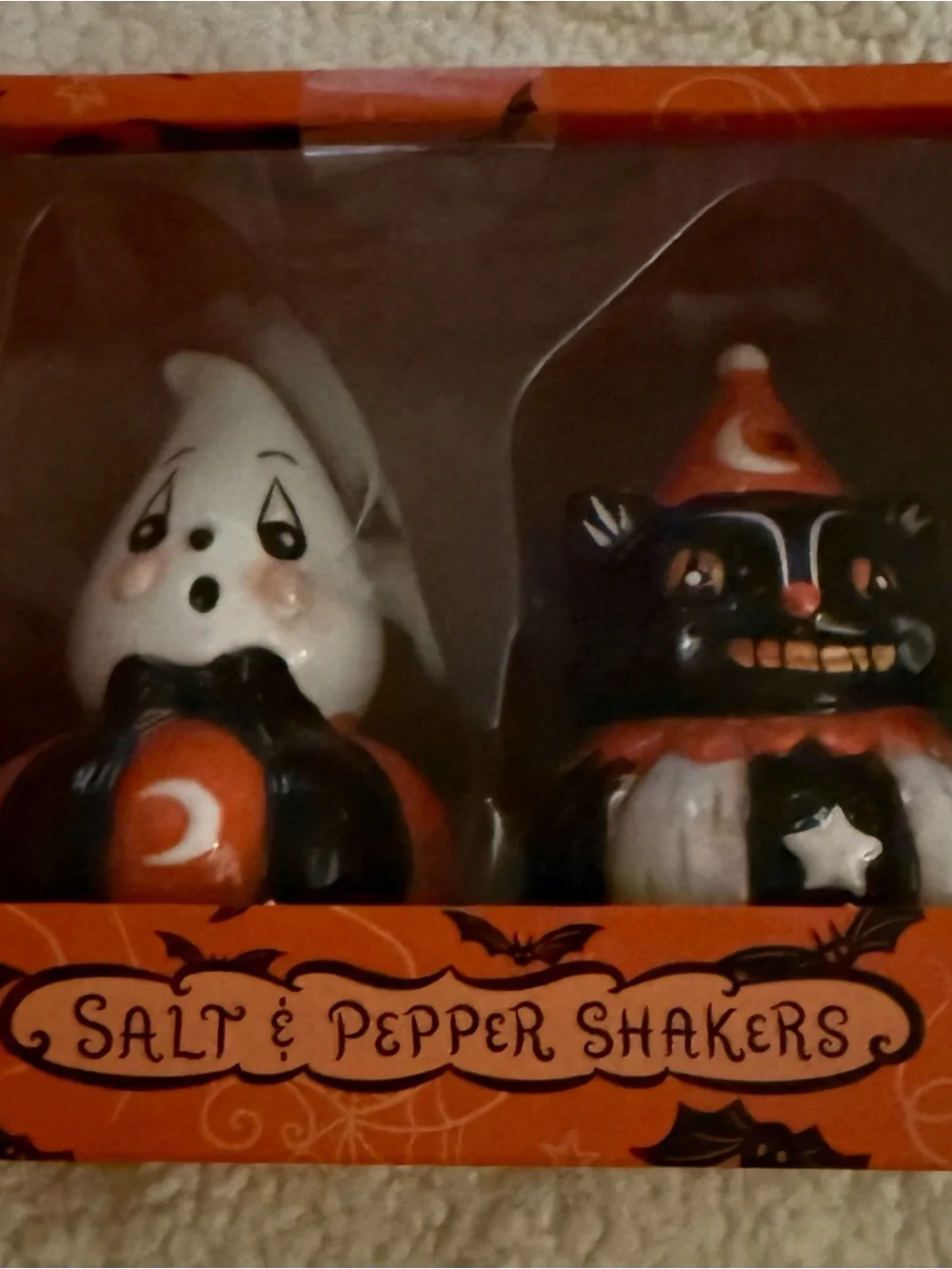 Johanna Parker Ghost & Cat Salt and Pepper Shaker Set Vintage Style